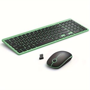 Wireless Keyboard And Mouse, 2.4G Ultra Slim Wireless Mouse Keyboard Combo With Numeric Keypad For Windows Computer PC Laptop Desktop (Black & Green)