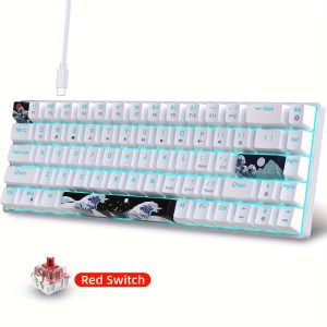 Compact Gaming Mechanical Keyboard - 68 Keys, Red Switches with Sea Blue LED Backlit, Ergonomic Design for PC & Laptop Gamers, Anti-Ghosting, Wired Connection Only