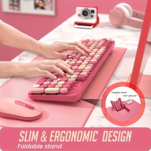 Wireless Rose Pink Silent Keyboard & Mouse Combo, Full-Sized Colorful Typewriter Keyboard with Round Keycaps, 2.4G Cute Mouse for PC/Laptop/Computer