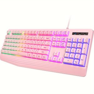 Pink Gaming Keyboard, Rainbow LED Backlit, 104 Keys Silent Light Up Creamy Keyboard With Wrist Rest, PBT Keycap, Anti-ghosting, Waterproof USB Wired Computer Keyboard For PC Mac Xbox, Office Supplies