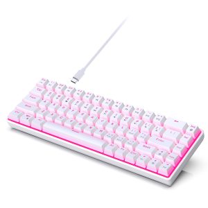 HXSJ Compact 60% Mechanical Gaming Keyboard - Portable, Pink Backlit With Red Switches, 68 Keys Wired Office Keyboard