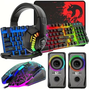 Ergonomic Gaming Keyboard Mouse Headset & Speaker Combo 5 in 1 Set with RGB Backlight, USB Wired 104-Key Layout, 2400DPI Mouse, Large Mouse Pad, and Soft Memory Earmuffs for PC, Mac, PS4, Xbox One