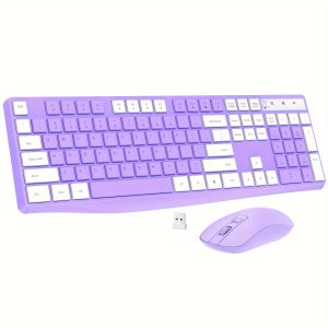 Wireless Keyboard And Mouse Combo, 2.4G Full-Sized Ergonomic Keyboard Mouse, Adjustable Cordless USB Keyboard And Mouse, Quiet Click For Computer/Laptop/Windows/Mac (1 Pack, Purple), Office Supplies