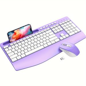 Wireless Keyboard And Mouse Combo, Ergonomic Computer Keyboard With Wrist Rest, 2.4GHz Full-Sized Silent Mouse And Keyboard Combo With Phone Holder For Window, Mac, PC, Laptop, Violet