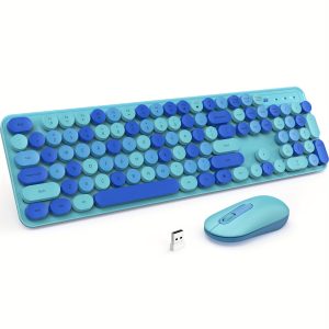 Wireless Keyboard And Mouse Combo, Silent Keyboard Mouse Combo, Full-Sized Colorful Typewriter Keyboard With Round Keycaps, 2.4G Cute Mouse Compatible With PC/Laptop/Computer (Blue)