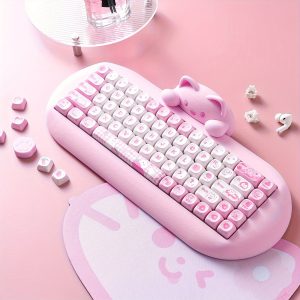 YUNZII C68 Wireless Mechanical Keyboard, 65% Gaming Keyboard Hot Swap, Triple Mode Wireless 5.0/2.4G/Wired, RGB Backlit NKRO, Cute Cat Silicone Ergonomic Keyboard For Win/Mac Milk Switch, Pink