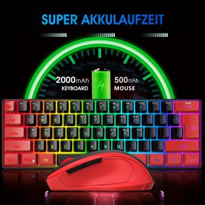 Snpurdiri 60% wireless game keyboard RGB light keyboard and 2.4G wireless mouse combination, including 2.4G small mini mechanical touch keyboard, ergonomic design rechargeable