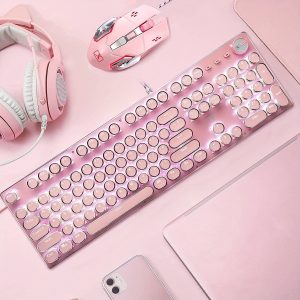 MAGIC REFINER  Gaming Keyboard and Mouse Set, Retro Steampunk Vintage Typewriter-Style Mechanical Keyboard with White LED Backlit, 104-Key Anti-Ghosting Blue Switch Wired USB Metal Panel Round Keycaps(Pink)